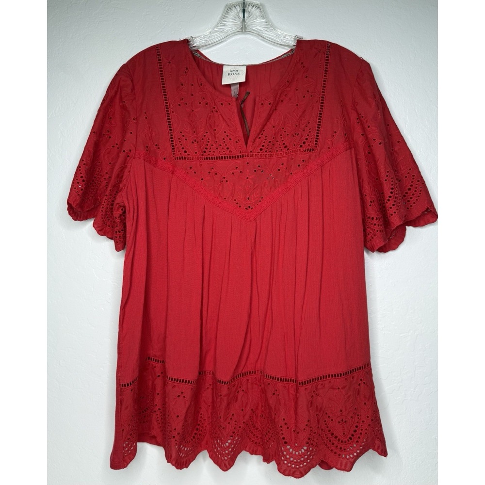Knox Rose Top Women's Size L Red Robin Eyelet Cottage Core Boho Embroidered‎ New